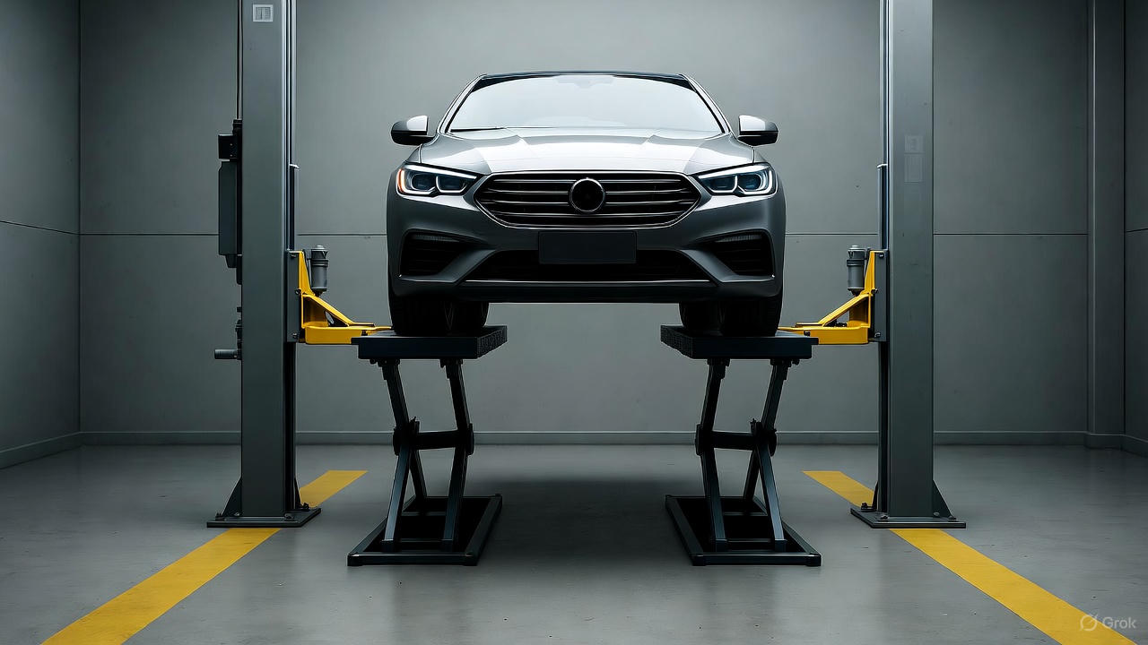 A car undergoing engine maintenance in a clean