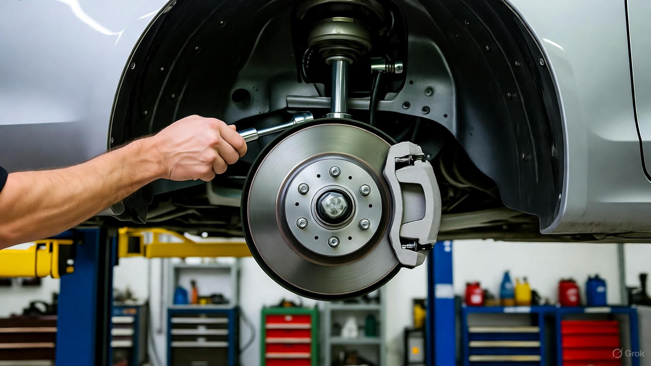 A car lifted on a hydraulic lift in a modern auto repair shop during a brake pad inspection or replacement.