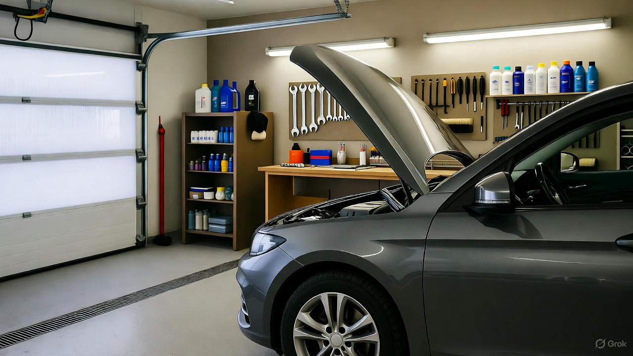 Car on hydraulic lift during seasonal maintenance check in modern auto repair shop